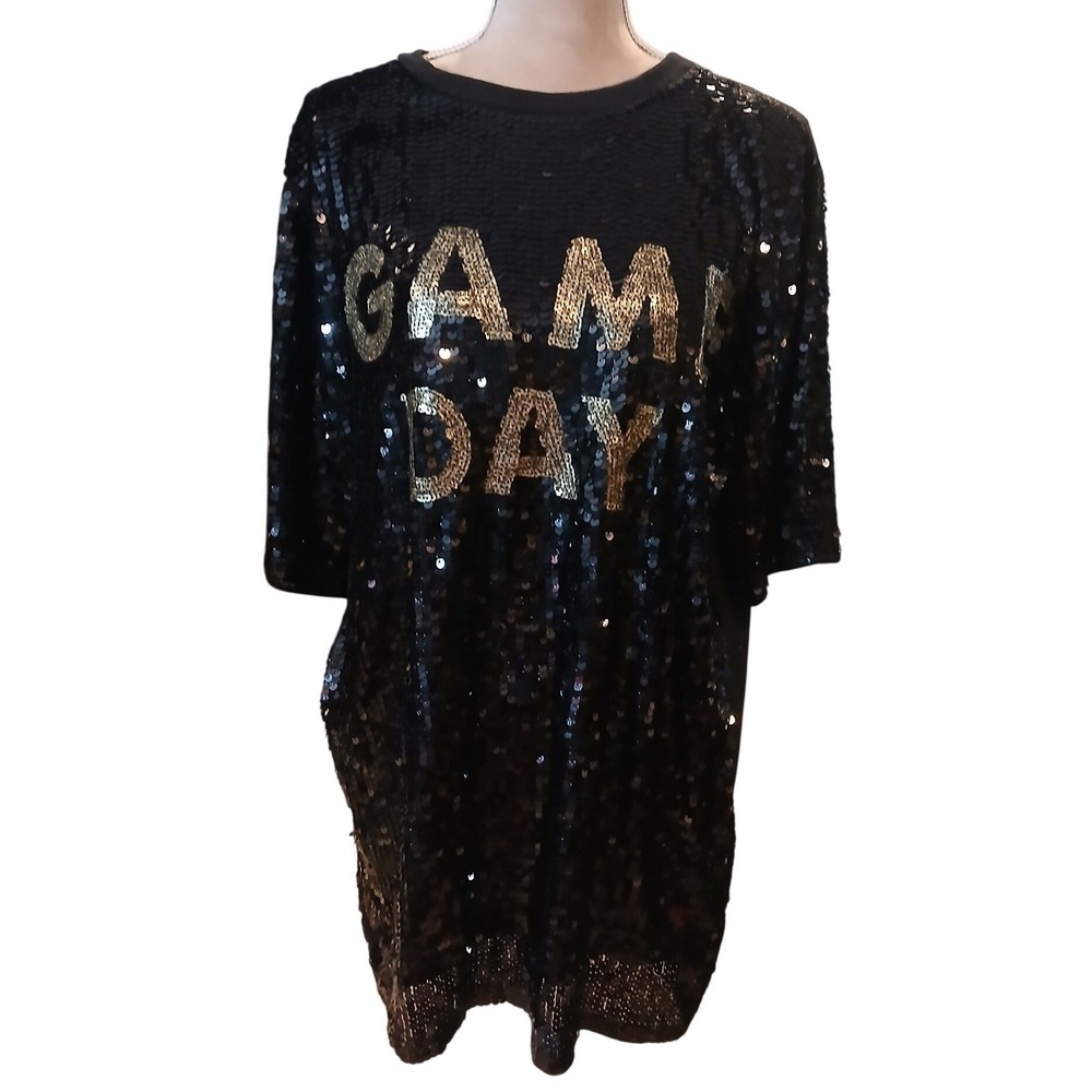 Why Dress Game Day Sequin Tunic Top Womens OS Black Gold Short Sleeve Oversized